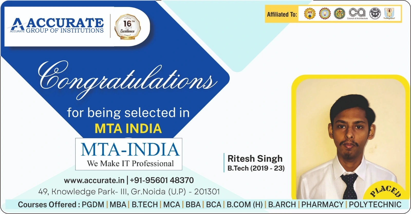 Recent Placement - Ritesh Singh, B.Tech Batch 2019-2023, Selected by MTA India.